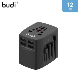Budi - شاحن عالمى ب 4 منفذ USB وخاصية الشحن السريع – أسود
