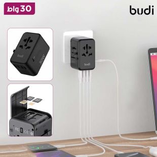 شاحن سفر عالمي PD قوة 30 واط 4 منافذ USB-C ومنفذ USB مع حافظة بطاقة SIM من Budi