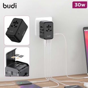 30W PD Universal Travel Charger with 4 USB-C Ports + 1 USB Port and SIM Card Holder by Budi