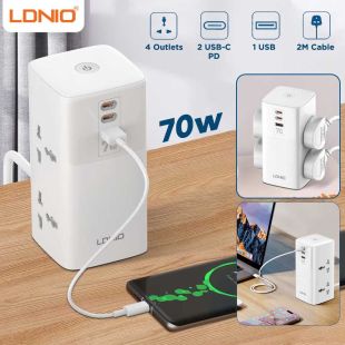 4 Outlets Power Strip with USB and 2 USB-C PD Ports 70W 2M by LDNIO