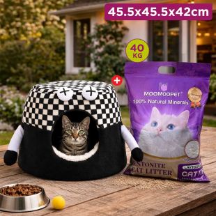 Pet Bed Plaid Expression Nest 45.5×45.5×42cm + Moomoopet Lavender Cat Litter 4kg