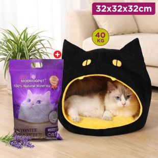 Semi Closed Cat Bed 32 × 32 × 32cm + Moomoopet Lavender Cat Litter 4kg