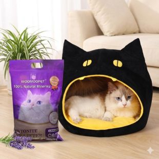 سرير قطط شبه مغلق 32 × 32 × 32 سم + رمل فضلات القطط المعطر 4 كجم من Moomoopet - لافندر
