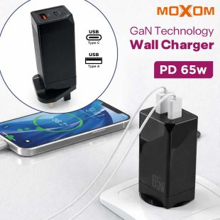 65W PD GaN Technology Wall Charger with USB-C and USB-A Port by Moxom
