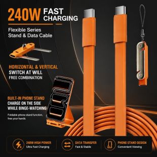 كيبل شحن سريع USB-C إلى USB-C قوة 240 واط مع ستاند هاتف مدمج 2 في 1