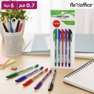 أقلام حبر ناعم بألوان متنوعة 0.7 مم عبوة 5 أقلام من Flexoffice