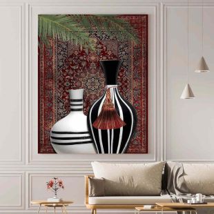 A Canvas of A vase with Green Branches on a Persian Rug