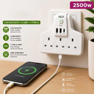 2500W Wall Socket Adapter with 3 AC Outlets and 2 USB-A and 1 Type-C Ports