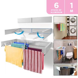 Wall Mounted Retractable Clothes Drying Rack with 6 Aluminum Sticks 1M
