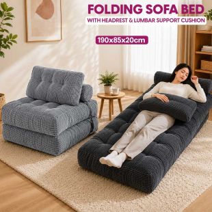Folding Sofa Bed with Headrest and Lumbar Support Cushion 190 × 85 × 20 cm