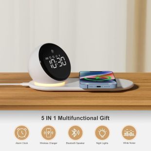 All-in-One Digital Alarm Clock with Wireless Charging, Bluetooth Speaker and Night Light