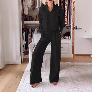 Women’s Casual V-Neck Long Sleeve Top and Wide-Leg Pants 2Pcs Lounge Set