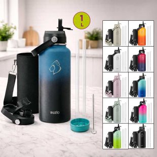 Buzio Insulated Water Bottle with Two Lids and Protective Sleeve 1L
