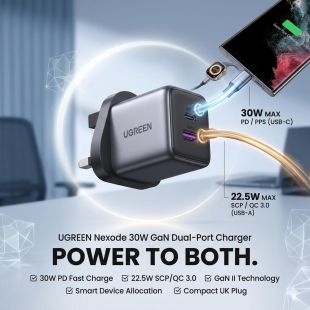 شاحن حائط قوة 30 واط بمنفذ USB-C ومنفذ USB-A من UGREEN