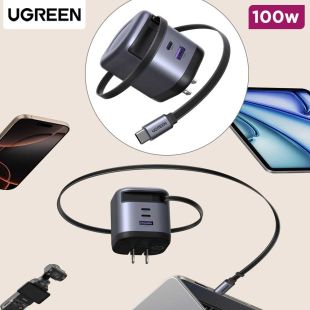 Nexode 100W GaN Charger with Triple Ports and Retractable USB-C Cable by UGREEN