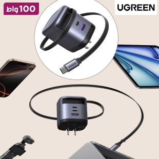 شاحن حائط Nexode قوة 100 واط بمنفذين USB-C ومنفذ USB-A وكيبل مدمج قابل للسحب من UGREEN