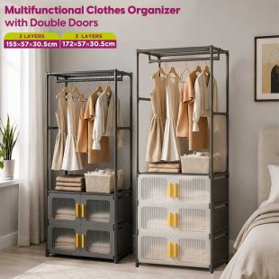 Multifunctional Clothes Organizer with Double Doors, hanging rail, shelves, and lower storage cabinets - Sheeel Kuwait Deals