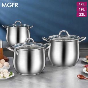 Curved Stainless Steel Stock Pot with Glass Lid by MGFR