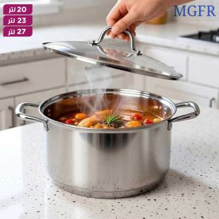 قدر طهي ستانلس ستيل مع قاعدة ثلاثية وغطاء زجاجي من MGFR