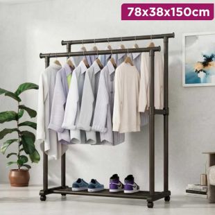 Double Metal Garment Rack with Shelf and Wheels 78×38×150 cm