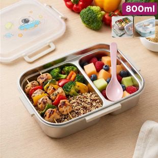 850ml Stainless Steel 2-Compartment Lunch Box with Spoon