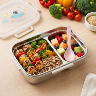 850ml Stainless Steel 2-Compartment Lunch Box with Spoon