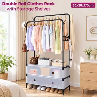 Double Rail Clothes Rack with Storage Shelves - Sheeel Kuwait Deals