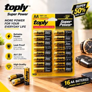 بطاريات كربون AA أو AAA بجهد 1.5 فولت مجموعة 16 بطارية من Toply